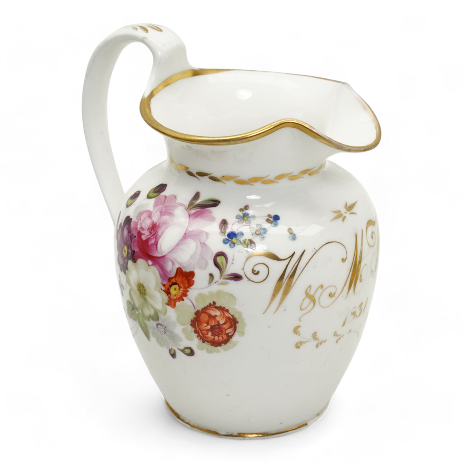 Early 19th century Spode porcelain basket, hand painted with pink roses and forget me nots and inscribed 'Walk Upon', L20cm, together with a similar Spode spill vase, two other spill vases, painted with flowers and castle, H10.5cm and an early English porcelain jug inscribed W & M West 1831, H16cm (5)