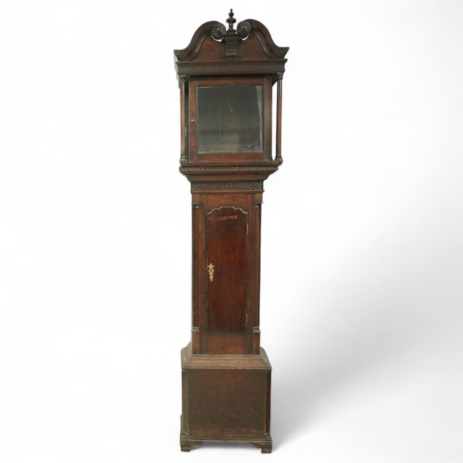 Three empty oak longcase clock cases-for restoration , parts, repair, and two 30hr chain driven movements with 12