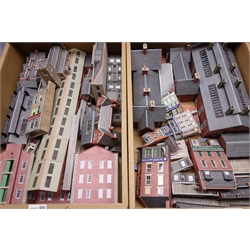  '00' gauge - quantity of kit-built cardboard trackside buildings, including engine shed, station, shops, houses, factories, church etc, in two boxes  