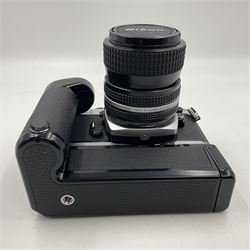 Nikon FE2 camera body, serial no. 2043167, with 'Nikon Zoom-NIKKOR 35-70mm 1:3.3-4.5' lens, serial no 3006624 and Nikon MD-12 Motor Drive, serial no. 1679037