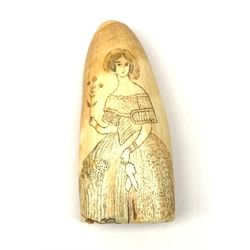 A 19th century whales tooth scrimshaw, detailed with a lady in Victorian dress, H12.5cm. 