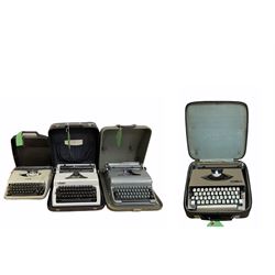 Four vintage portable typewriters comprising Blue Bird, Erika, Boots Nippo 200 and Imperial 19, all in carry cases (4)