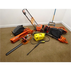  Large quantity of electrical garden tools comprising of a Spear & Jackson hedge trimmer, two Flymo Gardenvac 2500W turbos, a Flymo HT450 hedge trimmer and a Black & Decker IPX4 lawn mower (7)  