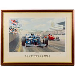 After Gerald Davison Coulson (British 1926-2012): ‘The Flying Scotsman’ and ‘Damon’s First – Hungary 1993’, together with Alan Fearnley (Yorkshire 1942-): ‘Alan Jones’ and Tony Smith (British 20th Century): ‘Damon’s Dream’, set of four limited edition Formula 1 themed prints signed and two signed by drivers David Coulthard and Alan Jones in pencil max 40cm x 61cm (4)