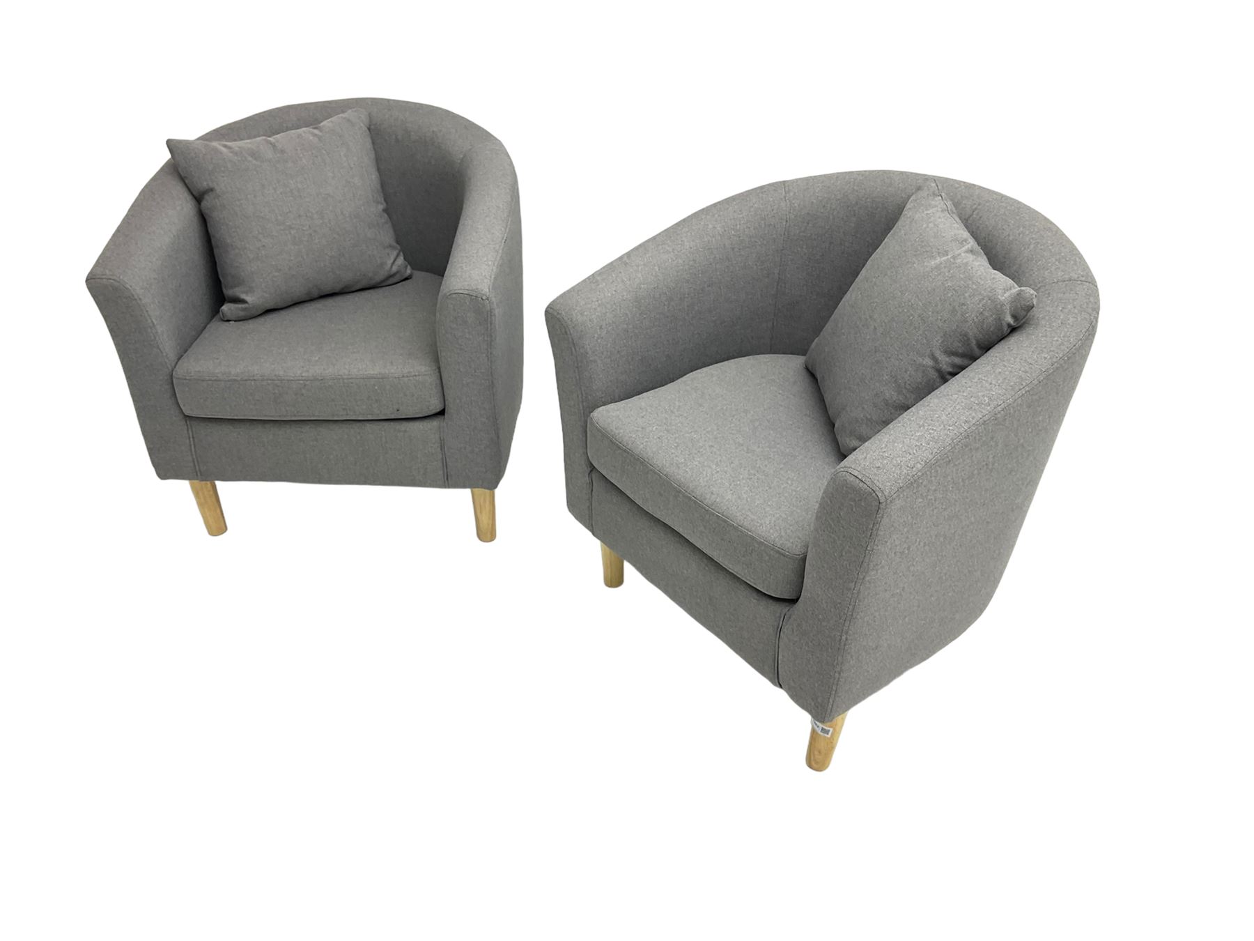 Pair small tub chairs, upholstered in graphite grey fabric and raised on tapered feet