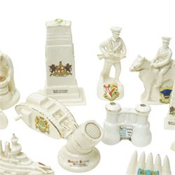 WWI crested china including Arcadian model of British Cavalry Soldier, another 'Tommy in Bayonet Attack', Swan China 'Despatch Rider', Arcadian 'Tommy Atkins', ambulance, E Boat, two tanks, Cenotaph etc