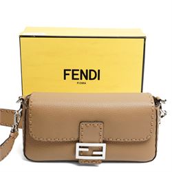 Fendi - Selleria Baguette shoulder bag, tan grained leather with hand-stitched detailing, palladium-tone FF buckle fastening, detachable leather top handle and shoulder strap, with authenticity card, dust bag and box