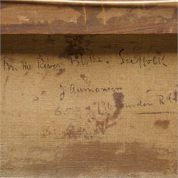 James Aumonier (British 1832-1911): Boats Moored on the Norfolk Broads, oil on canvas signed and dated 1877, i n antique gilt and gesso swept frame 20cm x 29cm