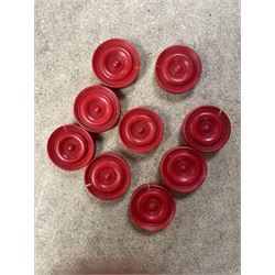 19th century walnut and brass bound games compendium box, painted to enhance the grain, of rectangular form, the hinged opening cover with rounded sides, central brass cartouche with engraved lion crest, and brass riveted straps, opening to reveal a red leather and blue silk lined compartmented interior, with fold-down games board, and lift-out tray containing playing cards, ebony turned dice towers, white and red stained bone draughts, and chess pieces, ivory dice, and ivory and ebony whist markers, and brass bezique board, cribbage board and markers, H15cm W32cm D24cm
This lot has been registered for sale under Section 10 of the APHA Ivory Act