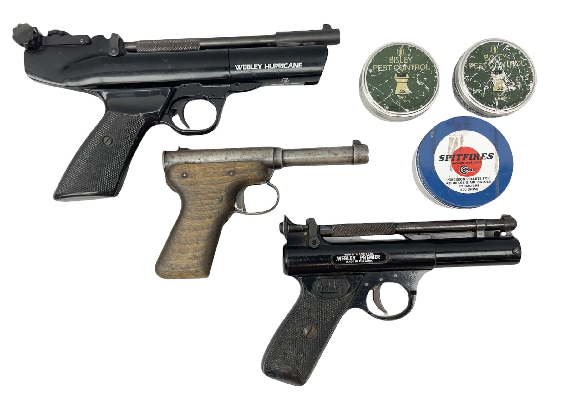 Webley Hurricane .22 air pistol with over lever action and thumb safety L27cm; Webley Premier .22 air pistol with over lever action No.816; part Diana model 2 air pistol; and quantity of .22 pellets in three tins