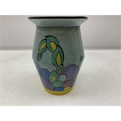 Clarice Cliff Bizarre Latona Leaves pattern, circa 1930, hand painted with stylised flowers and foliage on a blue ground, with printed mark beneath, vase shape no. 342, H20cm