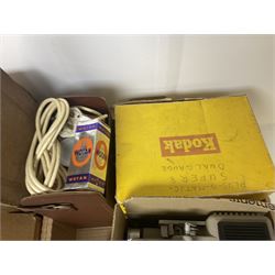 Large collection of projectors and equipment, to include Alphaxia Gnome projector, Kodak Brownie projector, slide containers, projector screen, etc, in six boxes