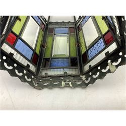 Victorian brass and stained leaded glass hall lantern, of hexagonal form, supported by four domed arms and pierced fret, H46cm W20cm