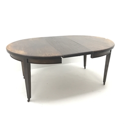  Early 20th century oak telescopic dining table, moulded top, single leaf, square tapering supports, W180cm, H74cm, D122cm  