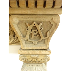  Victorian stripped oak fire surround, inverted break front mantel with arcade carved edge above mythical beast and heraldic shield header, on square tapered acanthus and scroll capped columns, W194cm, H1234cm  