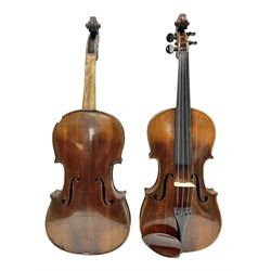 German trade violin c1900 stamped PAGANINI with 35.5cm two-piece maple back and ribs and spruce top L58.5cm overall; in carrying case; and another German trade violin for spares or repair; in carrying case (2)