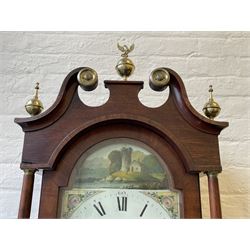 Thirty-hour oak cased longcase clock by  William Bancroft of Scarborough circa 1830, with a swan’s neck pediment, brass patera and three brass spire and ball finials, stepped break arch hood door flanked by plain pillars with brass capitals, trunk with a full length door and curved arch top, on a plain square plinth with bracket feet, painted break arch dial with roman numerals and quarter hour Arabic’s, date recorder (anti clockwise) and matching brass hands, arch painted with a rural scene depicting a ruined tower and cottage with depictions of flowers to the spandrels, dial pinned directly to a chain driven countwheel striking movement, striking the hours on a bell. With weight and pendulum. The Bancroft family were prodigious Scarborough clockmakers during the 18th and 19th century, William Bancroft is recorded as working in Newborough Street from 1820 onwards. 


