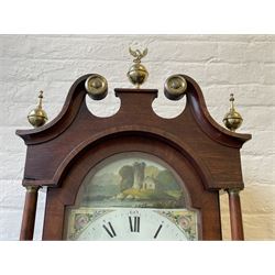 Thirty-hour oak cased longcase clock by  William Bancroft of Scarborough circa 1830, with a swan’s neck pediment, brass patera and three brass spire and ball finials, stepped break arch hood door flanked by plain pillars with brass capitals, trunk with a full length door and curved arch top, on a plain square plinth with bracket feet, painted break arch dial with roman numerals and quarter hour Arabic’s, date recorder (anti clockwise) and matching brass hands, arch painted with a rural scene depicting a ruined tower and cottage with depictions of flowers to the spandrels, dial pinned directly to a chain driven countwheel striking movement, striking the hours on a bell. With weight and pendulum. The Bancroft family were prodigious Scarborough clockmakers during the 18th and 19th century, William Bancroft is recorded as working in Newborough Street from 1820 onwards. 


