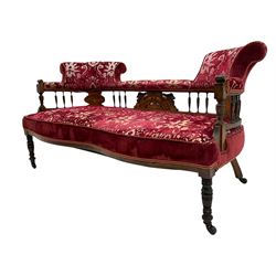 Edwardian inlaid rosewood salon suite, upholstered in red and gold fabric, comprising two seat sofa, pair of tub shaped armchairs, and four side chairs