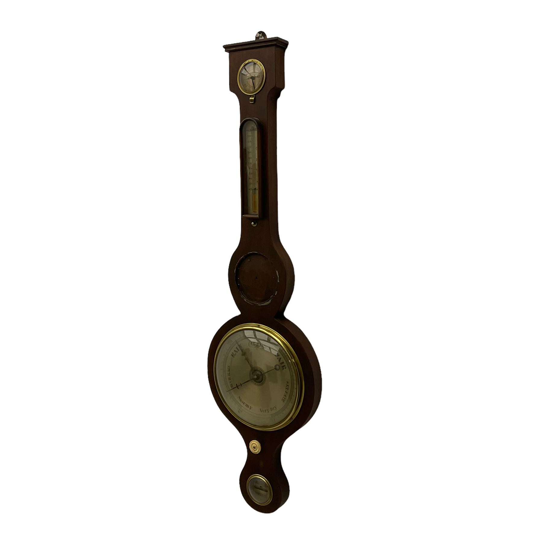 A Victorian mahogany wheel barometer with a mercury cistern, c1880, with a flat top and rounded base, 8” silvered dial with weather predictions, steel indicating hand and brass recording hand, short spirit thermometer, butlers mirror (missing), hygrometer and spirit level.

