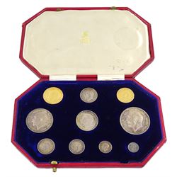 King George V 1911 proof short coin set, comprising gold half sovereign and sovereign, silver maundy money set, sixpence, shilling, florin and halfcrown, housed in dated case 
