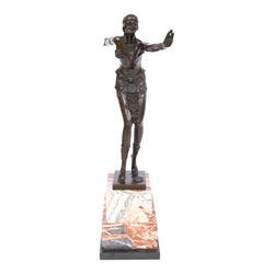 After Demétre Haralamb Chiparus (Romanian 1886-1947): Art Deco style bronze figure modelled as a dancer with outstretched arms, signed to the stepped bronze base and also bearing foundry stamp, upon a tapering marble plinth, overall H49cm
