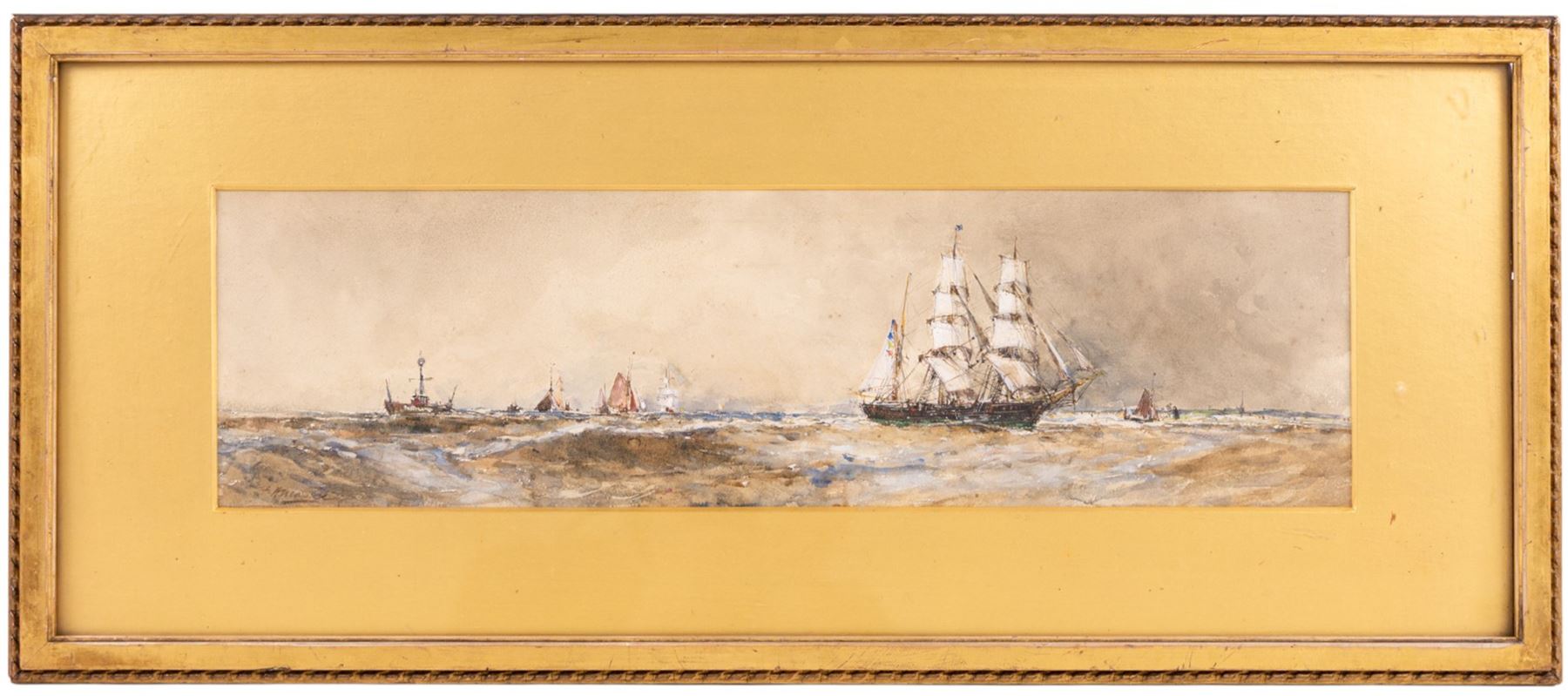 Frank Henry Mason (Staithes Group 1875-1965): Panoramic View of Shipping off the South Coast, watercolour signed 13cm x 47cm