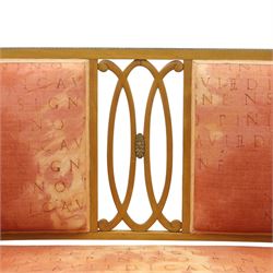 Edwardian satinwood settee, the shaped and bowed top rail enclosing a pierced splat with interlaced oval slats, flanked by upholstered back panels, the padded arms with scrolling terminals, the upholstered seat raised on cabriole supports with pad feet