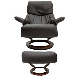Ekornes Stressless - swivel reclining armchair with adjustable headrest, upholstered in cocoa brown leather, with matching footstool