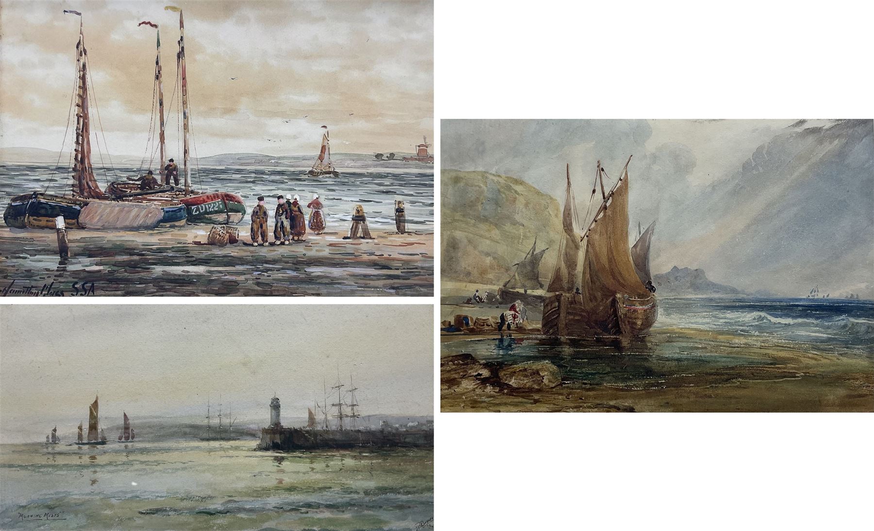 John Hamilton Glass (Scottish 1820-1885): Dutch Fishermen on the Shore, watercolour signed 24cm x 34cm; Manner of Henry Barlow Carter (British 1804-1868): Boats Unloading on the Shore, watercolour unsigned, various labels verso 17cm x 24cm; R Bayles (British 20th century): 'Morning Mists', watercolour signed titled and dated 1947, 14cm x 26cm (3)