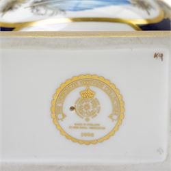 Pair of Royal Worcester Heritage Collection two handled urns and covers painted with opposing oval panels of feathers by David Peplow on pedestal bases W16cm 