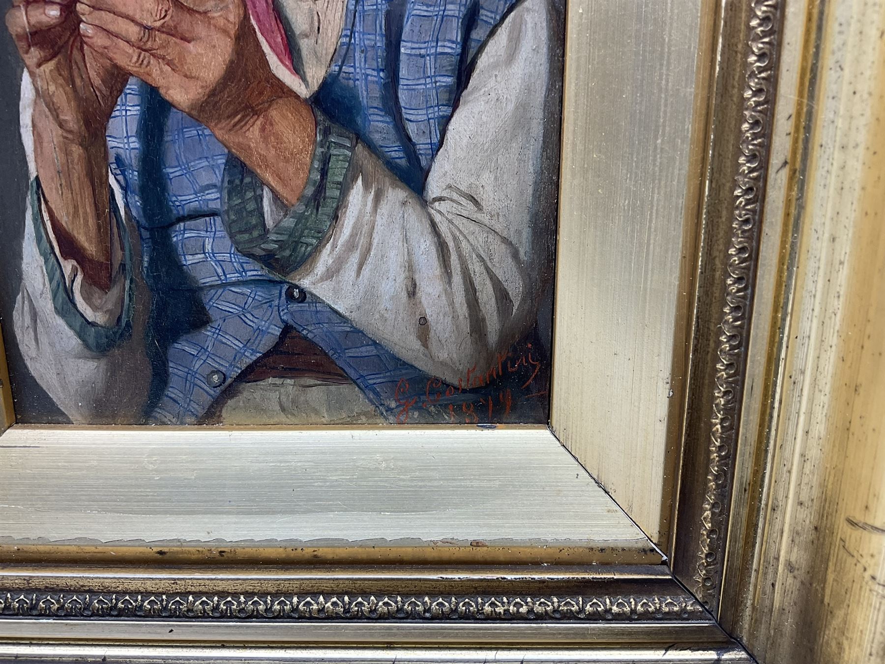 Giuseppe Costantini (Italian 1843-1894): Gentleman Threading a Needle, oil on panel signed and dated 1879, 17cm x 10cm