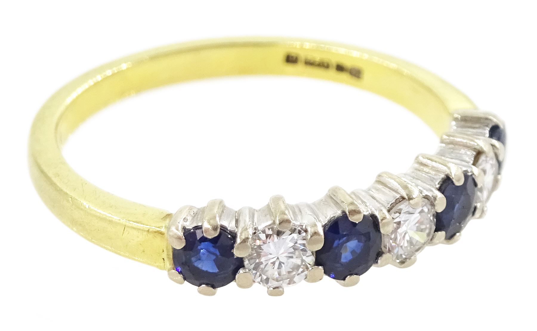 18ct gold sapphire and diamond half eternity ring, seven alternating round brilliant cut diamonds and round cut sapphires, hallmarked, total diamond weight approx 0.30 carat