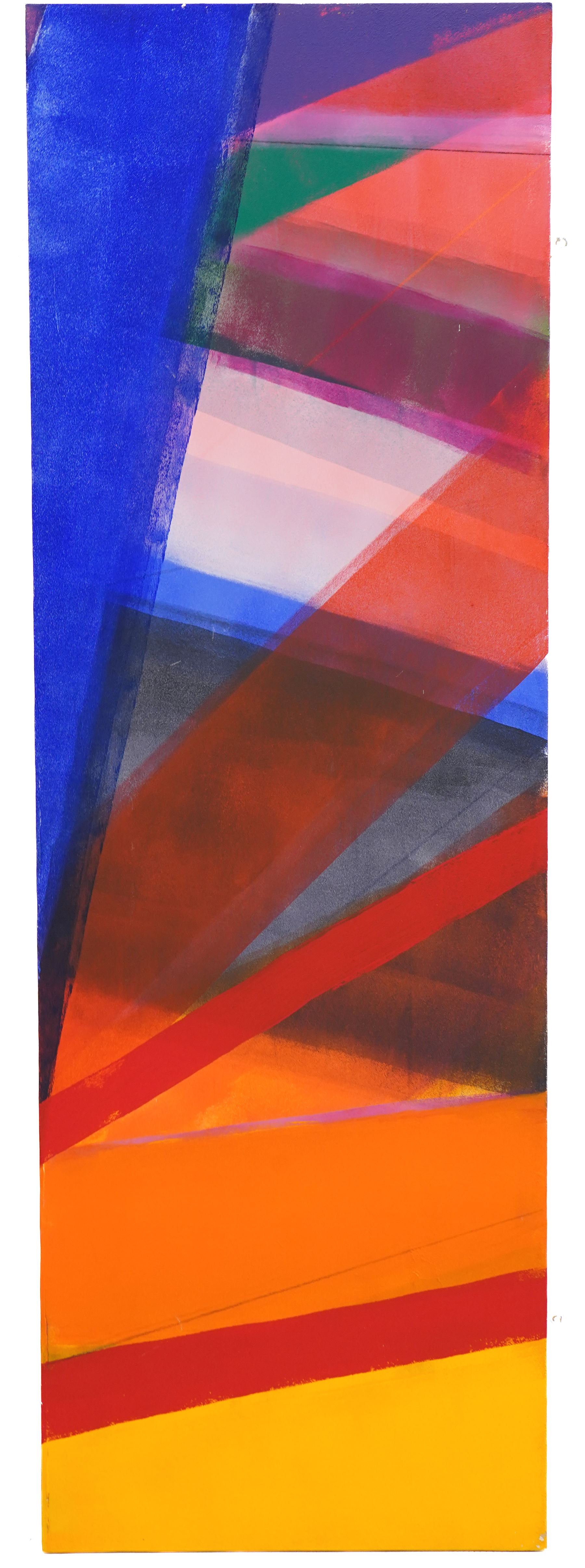 Gillian Ross Kelsey (British 1935-2025): 'Green Triangle 1' 'Green Triangle 2' and 'Sandbar 2', triptych of three acrylics on hardboard, all titled and one signed verso all 123cm x 41cm (3) (unframed)