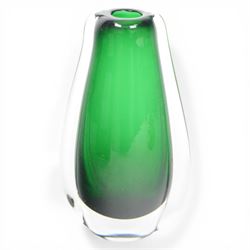 Three mid-century vases, comprising green Czech ‘winged’ vase, cinnamon vase, B894, designed by Gunnar Nyland for Strombergshyattan, signed beneath and Whitefriars ‘molar’ vase, designed by William Wilson 