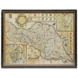 John Speed (British 1552-1629): 'The North and East Ridings of Yorkshire', 17th century engraved map with hand-colouring with inset plans of Richmond and Hull and numerous armorials, Latin text verso pub. by John Sudbury & George Humble c.1611-1616, 40cm x 52cm