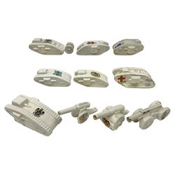 Ten WW1 crested china military models of tanks and field guns; various makers including Goss, Grafton China, Arcadian China, Savoy China etc; various crests including Portsmouth, Brighton, Pendleton, Paignton, Cowes, Flamborough etc (10)