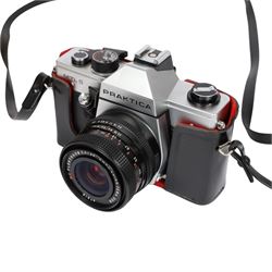 Three 35mm film SLR cameras, comprising Canon EOS 50E camera body with a Canon Ultrasonic EF 28-80mm 1:3.5-5.6 lens, together with a Canon EOS 600 camera body with a Sigma UC 28-70mm 1:3.5-4.5 lens and a Praktica MTL5 with a Carl Zeiss Jena DDR MC Flektogon 2.4/35 lens