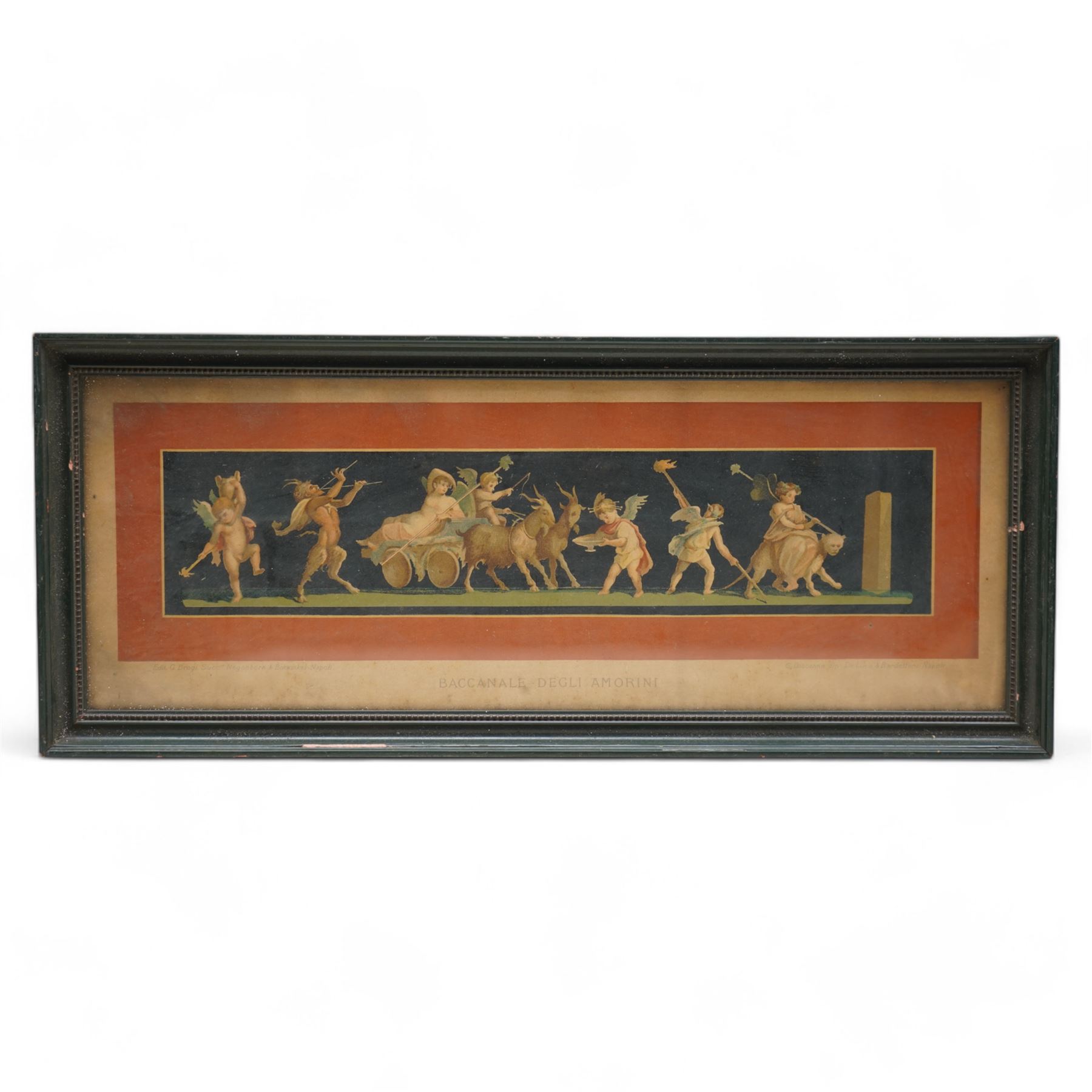 Geramia Discanno (Italian 1839-1907): Pompeii Frescos of Putti and Amorini, set seven 19th century lithographs with hand-colouring pub. 'Pompeii, House of the Vettii, Piccoli Amorini', Italy c.1890 max 18cm x 50cm (7)
Notes: Discanno was an Italian genre and landscape painter, who collaborated with archaeologists, lithographers and art historians to record the wall paintings in the Roman ruins of Pompeii and Herculaneum that were being excavated at the time.