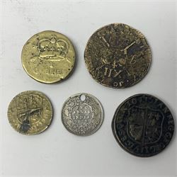 George III gaming tokens, various coin weights, Queen Victoria India 1877 two annas coin with The Lords Prayer engraved to the obverse (holed) and other paranumismatic items 