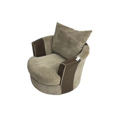 Circular snuggle chair, upholstered in latte cord and brown faux leather, with swivel action