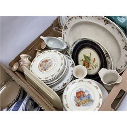 Pair of late 19th/early 20th century twin handled vases with transfer printed floral decoration and gilt, Alfred Meakin dinner plates, two Royal Doulton Bunnykins plates and Wedgwood Peter Rabbit plate, and other Victorian and later ceramics to include Imari examples, silver-plate and other metalware etc in three boxes