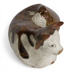 Rosemary Wren (1922-2013) - Oxshott pottery, stoneware sculpture of a recumbent cow, with impressed mark beneath, H13cm  