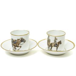 Nymphenburg coffee set painted with WWI military scenes after Hans Kratzer, comprising six coffee cans and saucers, coffee pot, cream jug and covered sugar bowl