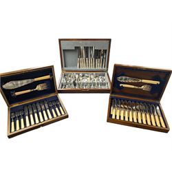Three cased canteens of cutlery, including King's pattern set and two ivorine handled sets