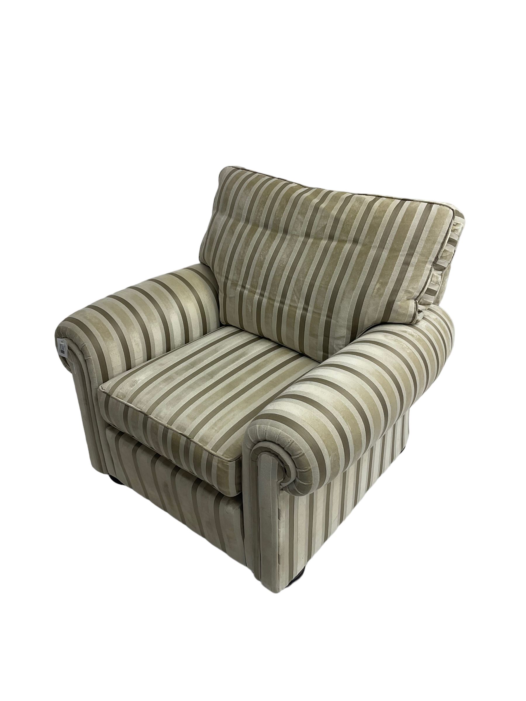 Duresta - 'Waldorf' armchair, in neutral striped fabric, on compressed bun feet