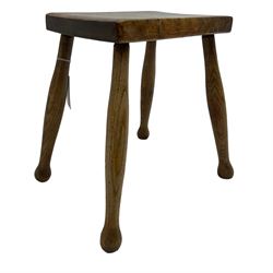 19th century stool, rectangular sycamore top on four swell-turned elm supports 