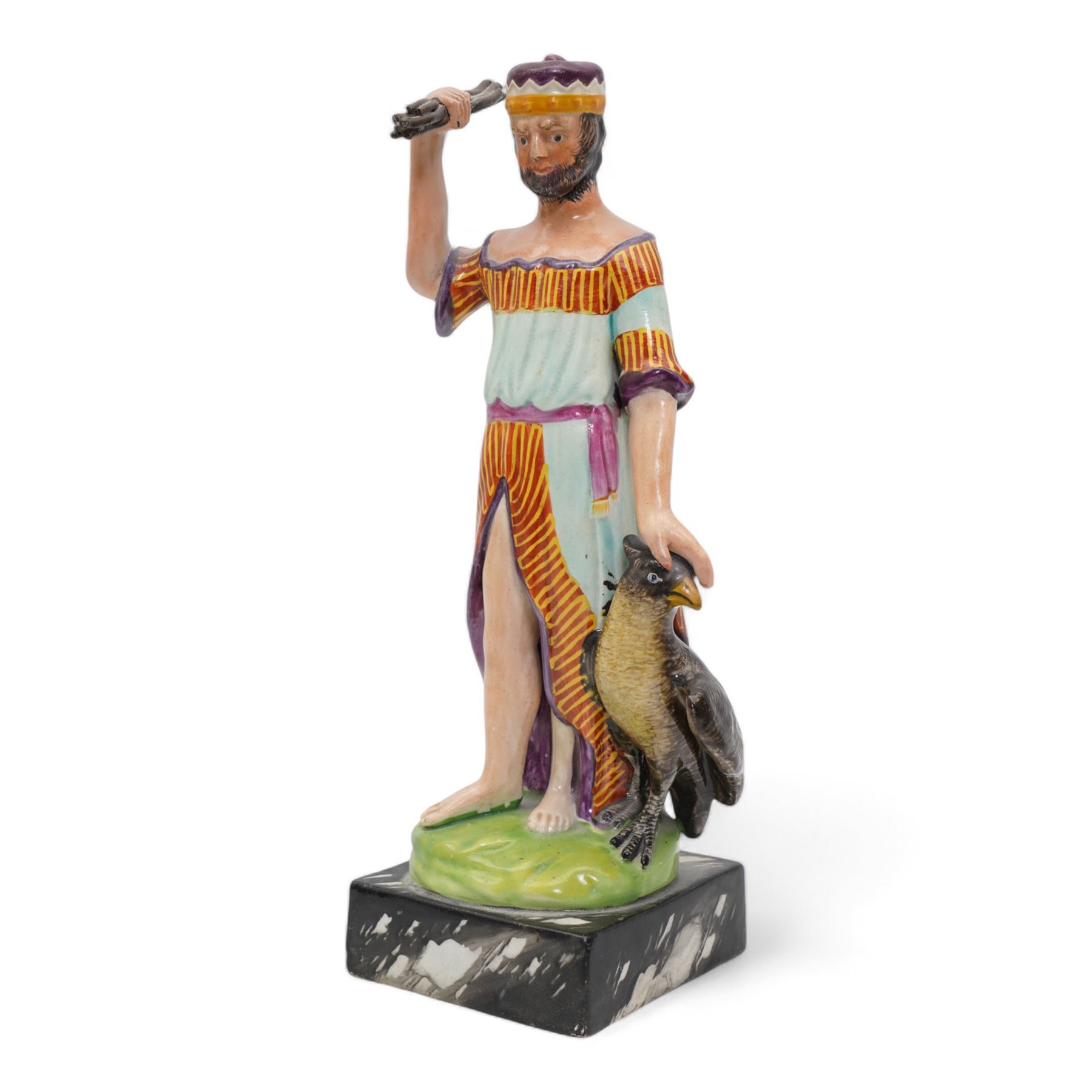 19th Century Staffordshire pearlware figure modelled as Jupiter stood beside a raven, stood upon a faux marble base, painted in bright polychrome enamels, H28cm together with a Staffordshire figure of William Ewart Gladstone (2)