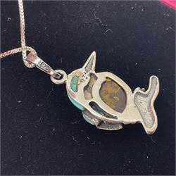 Silver Baltic amber and turquoise kingfisher pendant necklace, stamped 925 