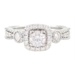 Vera Wang 18ct white gold diamond and sapphire 'Love' ring, round brilliant cut diamond cluster, with diamond set shoulders and sapphire set gallery, total diamond weight 0.70 carat, boxed